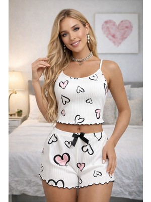 Burcumay Kadın Kalp Desenli Kolsuz Mini Beyaz Şortlu Fiyonk Detaylı Askılı Yazlık Pijama Takımı