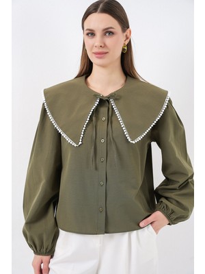 Hiccup Kadın Bdart Fiyonk Detaylı Poplin Bebek Yaka Gömlek Haki Yeşil