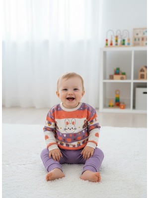 ruhaay Çocuk Unisex Tavşan Baskılı Pamuk Uzun Kollu Mevsimlik Alt Üst Takım