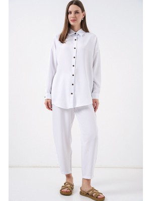 Hiccup Kadın Bdart Keten Karışımlı Uzun Kollu Gömlek ve Pantolon Takım Beyaz