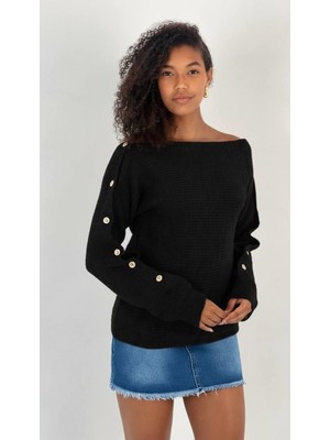 Miss Poem Kadın Siyah Kayık Yaka Kolu Aksesuar Düğmeli Triko Kazak