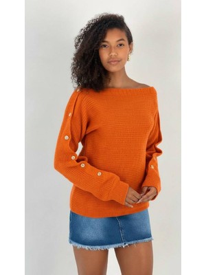 Miss Poem Kadın Oranj Kayık Yaka Kolu Aksesuar Düğmeli Triko Kazak