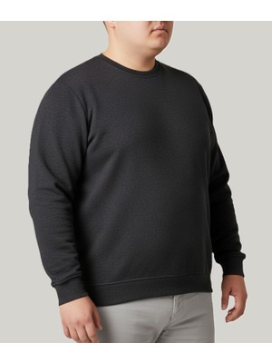 Balkonda Erkek Sweatshirt Bisiklet Yaka Selanik Dokuma Tüylenmez Battal Büyük Beden Siyah