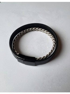 Generic Hakiki Deri Erkek Bileklik – Siyah Deri & Kahverengi Bej Örgü Model – Şık Erkek Aksesuar