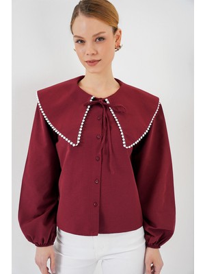 Hiccup Kadın Bdart Fiyonk Detaylı Poplin Bebek Yaka Gömlek Bordo Kırmızı
