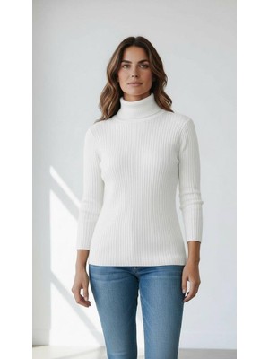 Miss Poem Kadın Ekru Fitilli Balıkçı Yaka Slim Fit Triko Kazak