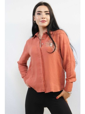 Moda Çizgi Taşlı  Keten Gömlek MC2301 Mercan