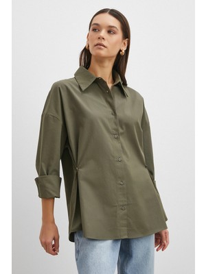 Never More Düğme Detaylı Pamuklu Gömlek Haki