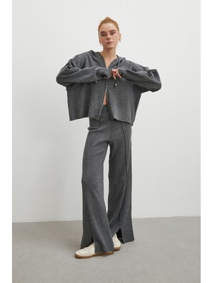 Çift Fermuarlı Kapüşonlu Pantolonlu Takım Gri
