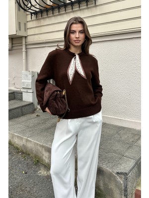 Never More Fularlı Uzun Kollu Kazak Kahve