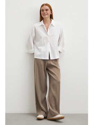 Never More Beli Lastikli Pileli Geniş Paça Pantolon Vizon