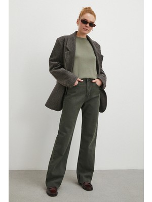 Yüksek Bel Kesik Boru Paça Jean Yeşil