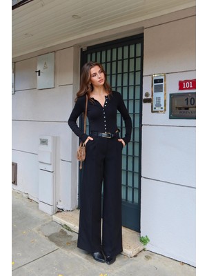 Düğmeli Uzun Kol Bluz Siyah