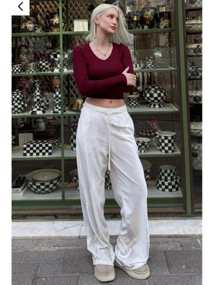 Başak Collection Kadın Yüksek Ben Beli Lastik Detay Kadife Kumaş Bol Paça Pantolon