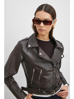 Never More Beli Kemerli Fermuarlı Deri Ceket Kahve