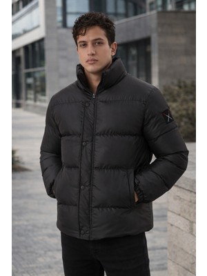 Polo State Erkek Dik Yaka Su Itici Rüzgar Geçirmez Siyah Şişme Mont