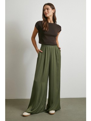 Never More Beli Lastikli Dökümlü Geniş Paça Pantolon Haki