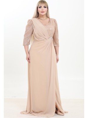 Ladies First Büyük Beden 3874 Altın Uzun Abiye Elbise