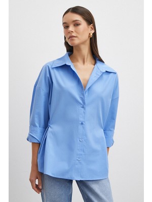 Never More Düğme Detaylı Pamuklu Gömlek Mavi