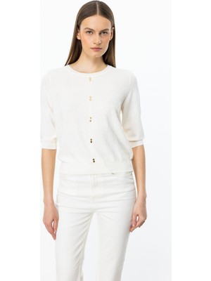 Önü Düğmeli Yarım Kollu Triko Kumaşlı Bluz On