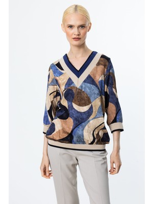 On Kadın Minimalist Bluz - V Yaka 3/4 Kol Geometrik Desen