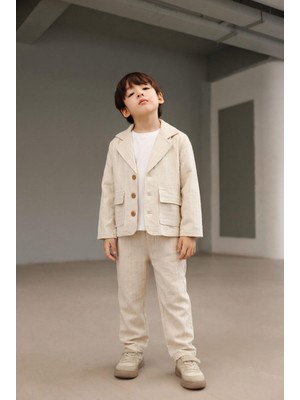 Magu Erkek Çocuk Pamuklu Ekru Çizgili Ceket Pantolon Takım - Kısa Kollu T-Shirtlü 3'lü