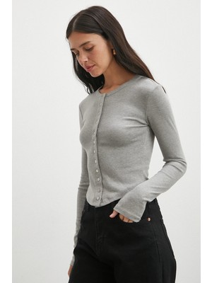 Düğmeli Uzun Kol Bluz Gri