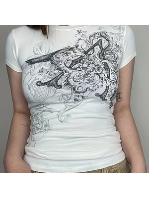 İsra Ayyıldız Moonstar Collection Punk Patterned Kısa Kollu Crop T-Shirt