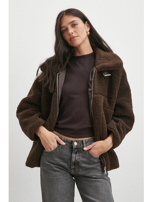 Never More Yaka Detaylı Peluş Mont Kahve