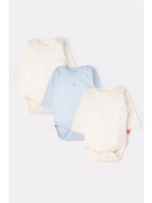 Bebetto Cute Bear Desenli Mavi Uzun Kollu Body 3lü %100 Pamuklu Konforlu ve Sağlıklı