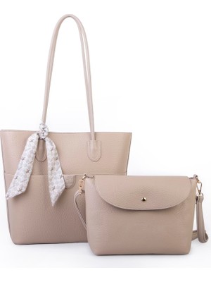  Nas Bag Kadın  Büyük Boy Ikili  Omuz Çanta Seti Kum Lopez