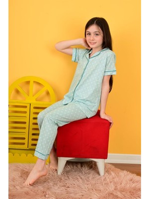 Vitmo Kız Çocuk Kısa Kollu Düğmeli Pijama Takımı Saray Model Mint