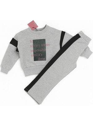 Damla Kids Kız Çocuk Gri Şeritli Eşortman Takımı Sweatshırt Pantolon 2' Li Set
