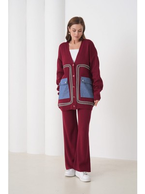 Newco Denim Cep Detaylı Düğmeli V Yaka Hırka ve Geniş Paça Pantolon Triko Takım