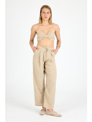 Polo State Kadın Bej Keten Yazlık Ikili Takım – Büstiyer & Pantolon