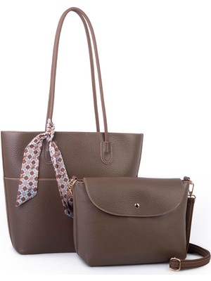  Nas Bag Kadın  Büyük Boy Ikili  Omuz Çanta Seti Vizon Lopez