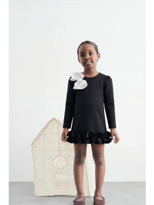 Magu Kız Çocuk Pamuklu Siyah Fiyonklu Volanlı Elbise - Uzun Kollu