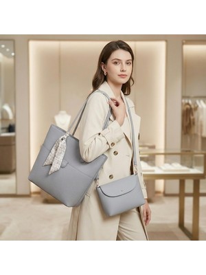  Nas Bag Kadın  Büyük Boy Ikili  Omuz Çanta Seti Gri Lopez