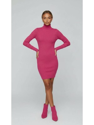 Miss Poem Yarım Balıkçı Yaka Fitilli Basic Kadın Fuşya Triko Elbise