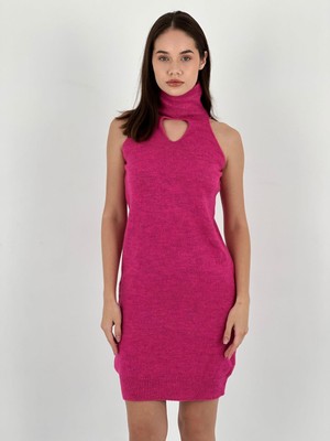 Miss Poem Kadın Kolsuz Göğüs Dekolteli Fuşya Triko Elbise