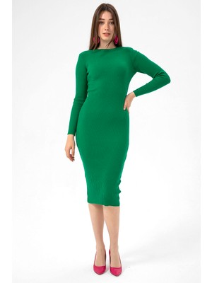 Miss Poem Bisiklet Yaka Fitilli Basic Kadın Yeşil Triko Elbise