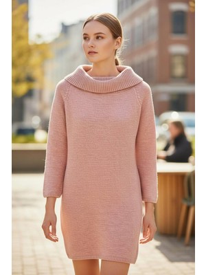 Miss Poem Kadın Degaje Yaka Selanik Örgü Pudra Triko Elbise