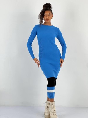 Miss Poem Mavi Bisiklet Yaka Uzun Basic Kadın Triko Elbise