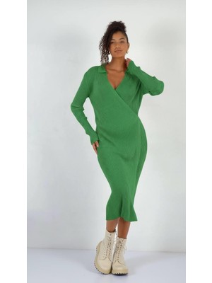 Miss Poem Kadın Kruvaze Bağlamalı Fitilli Yeşil Triko Elbise