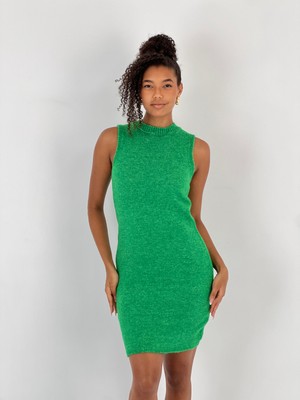 Miss Poem Kadın Mini Boy Bisiklet Yaka Kolsuz Yeşil Triko Elbise