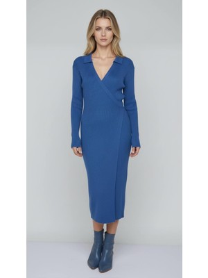 Miss Poem Kadın Kruvaze Bağlamalı Fitilli Saks Triko Elbise