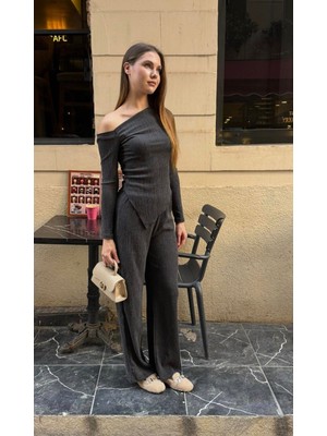 Zeravie Butik Kadın Gri Asimetrik Yaka Fitilli Dokulu Bol Paça Pantolon Bluz Ikili Takım