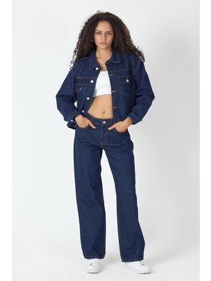 Kadın Lacivert Denim Kot Takım Pantolon ve Ceket