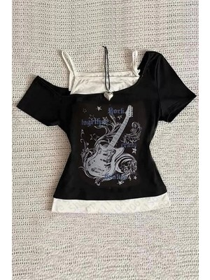 İsra Ayyıldız Moonstar Collection Siyah Balance Cat Our Love Is Ek Askılı Kısa Kollu Gotik Y2K Full Body Crop Bluz