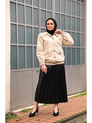Düğmeli Kot Ceket Bej